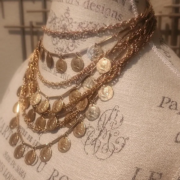 Vintage Multi Row Coins Chains Necklace Gold Tone Adjustable Length - Picture 2 of 6